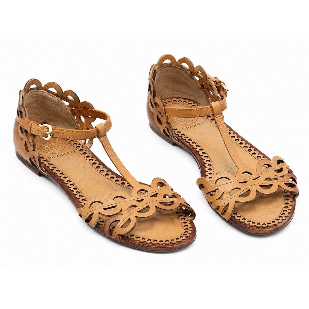 Tory Burch Aileen Flat Sandals Sz 5 Tan Scallop‎ Boho Resort Leather Euro Summer